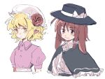  2girls animal_ears asymmetrical_sidelocks black_capelet black_hat black_skirt blonde_hair bow brown_eyes brown_hair capelet closed_mouth collared_dress collared_shirt commentary_request cropped_torso dress dress_shirt frilled_capelet frills from_side frown hat hat_bow horns looking_at_viewer maribel_hearn medium_hair mob_cap multiple_girls purple_dress sheep_ears sheep_horns shirt shirt_tucked_in short_sleeves sidelocks simple_background skirt smile touhou u_yufei usami_renko white_background white_bow white_hat white_shirt yellow_eyes 