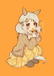  1girl absurdres animal_ears blush bow brown_cardigan brown_eyes brown_shoes cardigan commentary dress ear_covers food food_in_mouth grey_hair hair_ornament hairclip highres hishi_miracle_(happy_little_notes)_(umamusume) hishi_miracle_(umamusume) holding holding_food horse_ears horse_girl horse_tail long_sleeves looking_at_viewer nenbutsu_0416 open_clothes plaid_clothes plaid_dress roasted_sweet_potato shoes solo squatting sweet_potato tail twintails umamusume untranslatable_commentary 