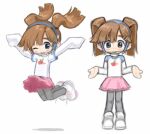 1girl 482egg apple_print blue_eyes blush braces brown_hair child commentary english_commentary food_print fruit_print full_body grey_leggings hair_ornament hairclip jumping layered_sleeves leggings leggings_under_skirt long_sleeves multiple_views one_eye_closed original parallel_hairclips raglan_sleeves sawyer_(482egg) shirt shoes short_over_long_sleeves short_sleeves sleeves_past_fingers sleeves_past_wrists sneakers tareme tutu twintails white_background white_shirt 