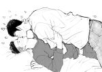  2boys absurdres blush commentary_request denim fingernails from_side greyscale hand_on_another's_neck heart highres jeans long_sleeves lying male_focus mitsui_hisashi miyagi_ryouta monochrome multiple_boys on_back on_bed pants shirt short_hair simple_background slam_dunk_(series) t-shirt undercut white_background yao0597 yaoi 