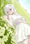  1girl absurdres artist_request bare_shoulders blue_eyes blue_sky commentary_request commission detached_sleeves dress earrings field flower flower_field grass hair_flower hair_ornament heterochromia highres jewelry lanaria_von_lorelei_(majoamtwaeji) long_hair looking_at_viewer lying mountainous_horizon off-shoulder_dress off_shoulder on_back original purple_eyes purple_flower second-party_source short_sleeves sky smile solo white_dress white_flower white_hair 