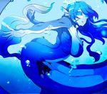  ass blue_eyes blue_hair breasts claws fins head_fins huge_breasts kamen_no_hito long_hair mermaid monster_girl solo tail_fin 