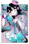  1girl absurdres apron black_eyes black_hair blush bow bracelet choker commentary earrings english_commentary hair_bow hair_ornament hairclip hat head_tilt highres holding holding_pastry_bag icing icing_on_body icing_on_face idaten_funisuke jewelry limited_palette looking_to_the_side one_side_up original parted_lips pastry_bag solo sphere_earrings waist_apron waitress 