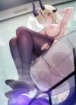  1girl against_glass arknights arm_behind_head arm_up armpits ass blonde_hair blonde_pubic_hair blue_eyes blush breasts bright_pupils censored commentary_request dragon_girl dragon_horns dragon_tail embarrassed feet female_pubic_hair fire flame-tipped_tail from_below full_body hair_ornament hair_over_one_eye highres horns kddie large_breasts legs long_hair looking_down mosaic_censoring necrass_(arknights) nipples nude parted_lips pubic_hair pussy rhodes_island_logo_(arknights) sitting skindentation solo steam sweat table tail thighhighs thighs torn_clothes torn_thighhighs very_long_hair white_pupils 
