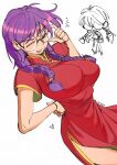  1girl 3amsoda adjusting_eyewear braid breasts chinese_clothes dress freckles glasses hand_on_own_hip hands_on_own_hips highres large_breasts looking_at_viewer one_eye_closed purple_hair qipao red_dress ri_kouran round_eyewear sakura_taisen short_sleeves side_slit tongue tongue_out twin_braids white_background 