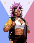  1girl abs absurdres arm_wrap belt black_hair bracelet breasts brown_eyes cleavage commentary criss-cross_halter english_commentary flag gido_(hinchel_or) hairband halterneck highres jacket jewelry looking_at_viewer multicolored_hair muscular muscular_female open_clothes open_jacket philippine_flag philippines pink_hair smile solo spiked_hair street_fighter street_fighter_6 yasmine_(street_fighter) yellow_hairband 