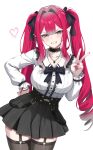  1girl absurdres baobhan_sith_(fate) black_skirt black_thighhighs blush breasts choker commentary_request disgust dress fate/grand_order fate_(series) grey_eyes hair_intakes hand_on_own_hip highres jewelry jirai_kei large_breasts long_hair long_sleeves looking_at_viewer necklace pink_dress pink_hair revision sharp_teeth shirt simple_background skirt solo teeth thighhighs twintails v white_background white_shirt yuzu_sanma 