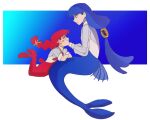  2girls aged_down blue_hair braid child commentary english_commentary fins fish_tail flower from_side hair_flower hair_ornament hand_on_another's_face highres kimmyl_11 lara_(sayonara_lara) long_hair long_sleeves low-tied_long_hair merfolk mermaid monster_girl mother_and_child mother_and_daughter multiple_girls parent_and_child red_hair rigmor sayonara_lara single_braid tail two-tone_background 