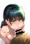  1girl ai-generated alternate_eye_color angry animal_penis bar_censor bestiality black_hair bloom breasts brown_fur censored chainsaw_man commentary completely_nude cum cum_in_mouth cum_in_nose cum_overflow dog fellatio from_above highres knotted_penis low_twintails medium_breasts mitaka_asa nipples nude oral papa710173 penis pointless_censoring simple_background solo sweat twintails upper_body white_background yellow_eyes zoophilia 