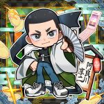  1boy akane-banashi arakawa_kyouji buzz_cut cellphone chibi chibi_only coin commentary_request denim egasumi folding_fan full_body glint gold hand_fan hand_on_own_hip haori himeshiro_(himeno_46) holding holding_fan japanese_clothes jeans koban_(gold) looking_at_viewer male_focus pants phone shoes short_hair sneakers standing very_short_hair 