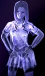  1girl 8log4icy absurdres alternate_costume ass_visible_through_thighs black_background blue_eyes breasts commentary cortana cowboy_shot dress english_commentary halo_(series) halo_2 hands_on_own_hips head_tilt highres hologram looking_to_the_side parted_lips raised_eyebrow see-through_clothes see-through_dress short_dress short_hair simple_background small_breasts smile solo 