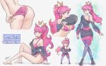 1girl absurdres animal_ears ass borrowed_character breasts cat_ears cat_girl commentary crown earrings english_commentary english_text floating_earrings hands_on_own_hips high_ponytail highres itsjarrrd jewelry large_breasts lifting_own_clothes long_hair looking_at_viewer median_furrow multiple_views navel original panties pink_eyes pink_hair pink_panties ponytail single_bare_shoulder sitting underwear 