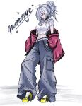  1girl baggy_pants belt black_choker blue_pants breasts casual character_name choker closed_mouth commentary crescent crescent_necklace denim earrings english_commentary english_text full_body grey_hair halo high_heels highres jacket jeans jewelry marekbuo3 mornye_(wuthering_waves) navel necklace open_clothes open_jacket oversized_clothes pants red_eyes red_jacket shirt shoes simple_background solo streetwear t-shirt triangle_earrings white_background white_belt white_shirt wuthering_waves yellow_shoes 