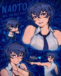  1girl artist_logo artist_name bare_shoulders black_bra blue_background blue_hair bluesky_logo bra bra_visible_through_clothes breasts character_name chibi cleavage collared_shirt commentary english_commentary english_text gun handgun hatidraw holding holding_gun holding_weapon large_breasts logo multiple_views muscular muscular_female necktie persona persona_4 persona_4_the_golden shirogane_naoto shirt short_hair signature solo tomboy underwear weapon white_shirt 