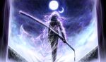  1girl absurdres araya_(project_moon) black_hair black_hands black_suit colored_extremities commentary_request crescent_moon facing_back floral_print full_moon hen_na highres holding holding_sword holding_weapon katana limbus_company moon project_moon sky standing star_(sky) starry_sky suit sword weapon 