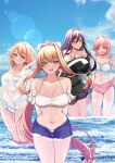  4girls :d absurdres alternate_costume arm_behind_back arms_behind_back artist_name bare_shoulders bikini black_bikini black_dress blue_eyes blue_shorts blue_sky blush bow breasts brown_hair cleavage cloud cloudy_sky collarbone commentary cowboy_shot curvy day denim denim_shorts detached_sleeves doki_doki_literature_club double-parted_bangs dress english_commentary fang fishnet_dress frilled_bikini frilled_sleeves frills green_eyes grin hair_between_eyes hair_bow hair_intakes hand_on_own_hip hand_up hands_up highres holding holding_behind_back holding_swim_ring large_breasts lens_flare light_blush long_hair long_sidelocks long_sleeves looking_at_viewer medium_breasts medium_hair mi_tarou0412 micro_shorts monika_(doki_doki_literature_club) multicolored_bikini multiple_girls natsuki_(doki_doki_literature_club) navel ocean off-shoulder_dress off_shoulder open_clothes open_fly open_mouth open_shorts outdoors paid_reward_available parted_bangs patreon_logo patreon_username pink_bikini pink_eyes pink_hair pink_nails ponytail purple_eyes purple_hair sayori_(doki_doki_literature_club) see-through_clothes see-through_dress see-through_shirt shirt short_sleeves shorts sidelocks skin_fang sky small_breasts smile straight-on straight_hair swept_bangs swim_ring swimsuit thick_thighs thigh_gap thighs tied_shirt torn_clothes torn_shorts twintails twitter_username two-tone_bikini very_long_hair wading watermark white_bikini white_bow white_shirt wide_hips yuri_(doki_doki_literature_club) 