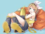  1girl absurdres banana bean_bag_chair belt bikini black_sailor_collar black_shorts black_sleeves blonde_hair blue_background blue_eyes bow breasts commentary_request detached_sleeves fangs food fruit hair_bow hair_ornament hairclip highres kagamine_rin knees_up leg_warmers looking_at_viewer lying mai_mugi neckerchief number_tattoo on_back open_mouth orange_bikini parallel_hairclips sailor_collar shirt short_hair shorts simple_background sleeveless sleeveless_shirt small_breasts swimsuit tattoo vocaloid white_bow white_shirt yellow_belt yellow_neckerchief yellow_trim 