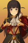  1girl absurdres aiguillette ascot badge black_eyes black_hair black_jacket blunt_bangs chinese_commentary commentary_request epaulettes fur-trimmed_jacket fur_trim gold_medal gradient_background grin hands_up highres holding_medal jacket jacket_on_shoulders lapels light_blush long_hair long_sleeves looking_at_viewer lu_guan medal open_clothes open_jacket orange_background red_jacket red_sash sash shirt shoujo_kageki_revue_starlight shoulder_sash sidelocks smile solo star_(symbol) straight-on tsuyuzaki_mahiru two_side_up upper_body white_ascot white_shirt yellow_background yellow_trim 
