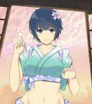  1girl aqua_kimono blue_eyes blue_hair blue_ribbon blunt_bangs blush breasts commentary_request flower hair_flower hair_ornament japanese_clothes kimono large_breasts looking_at_viewer midriff mimikaki navel ribbon senran_kagura senran_kagura_shinovi_versus sidelocks smile surippa1010 yozakura_(senran_kagura) 