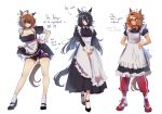  3girls absurdres agnes_tachyon_(umamusume) ahoge animal_ears apron black_dress black_hair black_shorts blush breasts brown_hair calamity_brezze cleavage closed_mouth clothes_lift commentary dress dress_lift ear_tag earrings english_commentary hair_between_eyes hair_ornament highres horse_ears horse_girl horse_tail jacket jam_(umamusume) jewelry jungle_pocket_(umamusume) large_breasts lifting_own_clothes long_bangs long_hair long_hair_between_eyes long_sleeves looking_at_viewer maid maid_apron maid_headdress manhattan_cafe_(umamusume) medium_hair multicolored_hair multiple_girls notched_ear pants pants_under_dress red_eyes red_pants shoes short_sleeves shorts shorts_under_dress single_earring small_breasts smile socks tail track_pants umamusume white_apron white_hair white_headdress white_socks yellow_eyes 