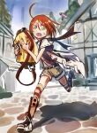  1girl armor bag belt belt_buckle black_belt black_sailor_collar buckle commentary_request cruel_gz full_body greaves green_eyes hair_between_eyes hands_up highres holding holding_bag looking_at_viewer medic_(sekaiju) medic_2_(sekaiju) orange_hair outdoors running sailor_collar sekaiju_no_meikyuu sekaiju_no_meikyuu_1 shadow short_hair short_sleeves shoulder_bag solo striped_clothes striped_thighhighs thighhighs town wide_sleeves yellow_bag 