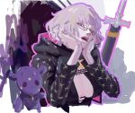  1girl baby_animal baphomet_(fate) breasts cleavage coat cropped_jacket fate/grand_order fate_(series) glasses grey_hair hands_on_own_face highres hood hooded_jacket jacket jacques_de_molay_(foreigner)_(fate) lamb large_breasts m_san0722 open_mouth padded_coat sheep solo sword weapon 
