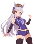  1girl absurdres animal_ears bare_shoulders black_thighhighs blue_shorts blunt_bangs blush bow breasts brown_hat commentary detached_sleeves ear_bow elbow_sleeve gold_ship_(umamusume) grey_hair hat highres horse_ears horse_girl large_breasts long_hair looking_at_viewer parted_lips pillbox_hat purple_eyes shorts simple_background sleeveless solo sportswear tail thighhighs umamusume vivianvalenart volleyball_uniform white_background 