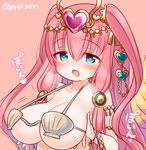  armlet blue_eyes blush bracelet breast_hold breasts circlet hair_ornament halterneck heart heart-shaped_pupils heart_hair_ornament heavy_breathing jewelry large_breasts long_hair marshmallow_mille pink_background pink_hair puzzle_&amp;_dragons shell shell_bikini solo sweatdrop symbol-shaped_pupils twitter_username two_side_up venus_(p&amp;d) 
