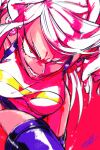  1girl animal_ears bad_id bad_tumblr_id blurry boku_no_hero_academia breasts grin highres ikapnmn2 large_breasts leotard long_eyelashes long_hair looking_at_viewer mirko rabbit_ears rabbit_girl red_background simple_background smile solo thighs white_hair white_leotard 
