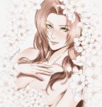  1girl aerith_gainsborough artist_name breasts brown_hair close-up closed_mouth collarbone commentary curtained_hair english_commentary final_fantasy final_fantasy_vii fingernails flower_censor green_eyes hand_on_own_chest highres light_smile limited_palette long_fingernails long_hair looking_at_viewer medium_breasts monsterbf1ilove nude 