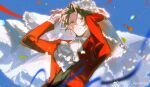  1boy ace_attorney ajowhite ascot bad_id bad_weibo_id blue_background bridal_veil curtained_hair formal_clothes from_below grey_hair hands_up highres jacket long_sleeves looking_at_viewer male_focus miles_edgeworth parted_lips red_jacket shade short_hair simple_background solo upper_body veil vest weibo_username white_ascot wind 