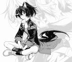  1girl animal_ears breasts cleavage_cutout clothing_cutout collared_jacket commentary crossed_bangs ear_covers full_body hair_between_eyes high_ponytail highres horse_ears horse_girl horse_tail indian_style jacket katsuragi_ace_(dragon_rising_to_the_top)_(umamusume) katsuragi_ace_(umamusume) looking_at_viewer monochrome multicolored_hair open_clothes ponytail shirt shoes shorts sitting smile sneakers socks solo streaked_hair tail umamusume untranslatable_commentary uri_umu 