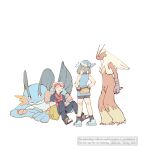  1boy 1girl absurdres bandana beanie bike_shorts black_pants blaziken blue_bandana blue_dress brendan_(pokemon) dress fanny_pack fingerless_gloves gloves hands_on_own_hips hat highres ksou0 may_(pokemon) pants pokemon pokemon_adventures shirt shoes short_sleeves sitting sleeveless sleeveless_dress socks standing swampert watermark white_background 