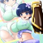  1girl aqua_kimono ass blue_eyes blue_hair blue_ribbon blunt_bangs blush breasts commentary_request flower gauntlets hair_flower hair_ornament japanese_clothes kimono kumimin large_breasts midriff multiple_views navel open_mouth panties ribbon senran_kagura senran_kagura_shinovi_versus sidelocks smile teeth underwear upper_teeth_only white_panties yozakura_(senran_kagura) 