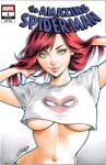  1girl absurdres breasts closed_mouth commentary cover_sketch cropped_shirt english_commentary green_eyes highres long_hair looking_at_viewer marker_(medium) marvel mary_jane_watson medium_breasts miki_okazaki navel red_hair scan shirt signature smile solo spider-man_(series) spider-man_logo traditional_media underboob upper_body white_shirt 