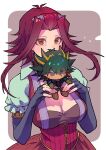  1girl absurdres breasts brown_eyes character_doll cleavage corset doll dress fudo_yusei fumo_(doll) highres izayoi_aki large_breasts long_sidelocks looking_at_viewer medium_hair red_hair sidelocks solo spiked_hair youko-shima yu-gi-oh! yu-gi-oh!_5d's 