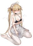  1girl ahoge artoria_caster_(fate) artoria_pendragon_(fate) bare_shoulders blonde_hair blush breasts cleavage commentary english_commentary fate/grand_order fate_(series) green_eyes highres long_hair looking_at_viewer medium_breasts simple_background solo white_background yotsutsu428 