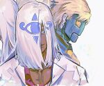  2boys black_shirt blonde_hair blue_eyes closed_mouth collared_shirt colored_eyelashes commentary dark-skinned_male dark_skin guanzi_yoo guilty_gear guilty_gear_strive hair_over_one_eye humanoid_robot looking_to_the_side male_focus medium_hair multiple_boys one_eye_covered open_collar patterned_hair purple_shirt robo-ky robot shirt short_hair sideways_glance simple_background smile upper_body venom_(guilty_gear) very_short_hair white_background white_hair white_shirt wing_collar 