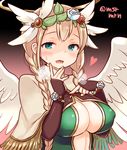  angel_wings archangel_(p&amp;d) blonde_hair blush breasts capelet cleavage covered_nipples cropped_jacket elbow_gloves fingerless_gloves fringe_trim gloves green_eyes hair_ornament head_wreath heavy_breathing large_breasts leaf_hair_ornament long_hair marshmallow_mille puzzle_&amp;_dragons solo sweatdrop twitter_username wings 