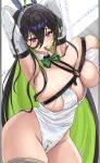  1girl absurdres animal_ear_hairband animal_ears armor arms_up black_hair blush bow bowtie breast_strap breasts coin colored_inner_hair commentary_request crotch_zipper fake_animal_ears goddess_of_victory:_nikke gold_coin green_bow green_bowtie green_hair green_streaks grey_thighhighs guilty_(mighty_bunny)_(nikke) guilty_(nikke) hair_between_eyes hairband highres huge_breasts leotard long_hair looking_at_viewer mouth_hold multicolored_hair official_alternate_costume playboy_bunny purple_eyes rabbit_ears solo streaked_hair sunameri_(pixiv3564245) thighhighs undersized_breast_cup veins veiny_breasts white_leotard 