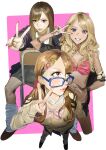  3girls asymmetrical_bangs black_nails black_shirt blonde_hair blue-framed_eyewear blue_eyes border bow bowtie bra bracelet breasts brown_eyes brown_hair chair character_request cleavage collared_shirt commentary dark-skinned_female dark_skin fingernails fisheye ganguro glasses grin gyaru hair_ornament hairclip highres jewelry kogal kosubi_(tsuneta328) leg_warmers long_fingernails long_hair long_sleeves looking_at_viewer medium_breasts multiple_girls nail_art on_chair original outside_border pink_background pink_bow pink_bowtie pink_bra pink_nails pleated_skirt puckered_lips school_chair selfie shirt shirt_partially_removed sitting sitting_backwards skirt smile standing star_(symbol) star_hair_ornament sweater swept_bangs underwear v v_over_eye white_border white_shirt yellow_sweater 