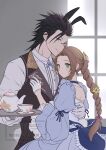  1boy 1girl aerith_gainsborough aerith_gainsborough_(classic_coney) animal_ears bad_id bad_pixiv_id black_hair blue_dress blue_eyes blue_ribbon blush braid braided_ponytail brown_hair brown_vest butler closed_mouth collared_shirt commentary_request couple cup dress easter final_fantasy final_fantasy_vii final_fantasy_vii:_ever_crisis flower frilled_dress frilled_sleeves frills gloves green_eyes hair_flower hair_ornament hand_on_another's_back hand_on_another's_chest heads_together height_difference highres holding holding_plate hug indoors looking_at_viewer monocle nalu official_alternate_costume parted_bangs plate rabbit_ears rabbit_tail ribbon shirt smile spiked_hair tail teacup teapot twitter_username upper_body vest white_gloves white_shirt window yellow_flower zack_fair zack_fair_(bunny_butler) 