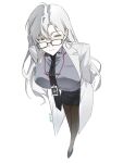  1girl asymmetrical_bangs black_necktie black_skirt breasts brown_pantyhose closed_mouth coat collared_shirt from_above full_body genderswap genderswap_(mtf) glasses green_eyes grey_shirt gwechul hair_behind_ear hair_between_eyes high_heels highres kuri_0009 kwak_jekang lab_coat lanyard lapels large_breasts legs_together long_hair long_sleeves looking_at_viewer necktie notched_lapels pantyhose pencil_skirt shirt shoes signature skirt smile solo standing very_long_hair white_background white_coat white_hair wing_collar 
