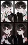  2boys absurdres alternate_costume alternate_universe antenna_hair black_eyes black_hair black_shirt black_sweater_vest blush closed_mouth collared_shirt commentary_request crying crying_with_eyes_open dual_persona eyepatch flower hair_between_eyes highres holding holding_flower holding_knife knife long_sleeves male_focus medical_eyepatch multiple_boys omori omori_(omori) open_mouth parted_bangs rou_(h_s_sinrin) shirt smile spoilers sunny_(omori) sweater_vest tears tulip white_flower white_shirt white_tulip 