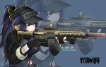  1girl aiming animal_ears arknights assault_rifle baseball_cap black_gloves blue_shirt breasts cat_ears cat_girl crossover custom_guns_nl545 drum_magazine earpiece ears_through_headwear escape_from_tarkov extra_ears gloves green_eyes gun hat high_ponytail holding holding_gun holding_weapon impossible_clothes impossible_shirt injury jessica_(arknights) jessica_the_liberated_(arknights) large_breasts magazine_(weapon) muzzle_device open_mouth optical_sight panzi_panzer ponytail pouch rifle shirt solo stitches weapon zoom_layer 