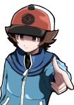  1boy black_shirt blue_jacket brown_eyes brown_hair closed_mouth commentary hat highres hilbert_(pokemon) jacket long_sleeves male_focus medium_hair pokemon pokemon_black_and_white red_hat shirt simple_background solo twitter_username upper_body white_background zakku_(zkpkmn0) zipper_pull_tab 