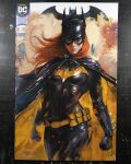  1girl acrylic_paint_(medium) barbara_gordon batgirl batman_(series) belt black_bodysuit black_cape black_eyes black_mask bodysuit breasts cape clenched_hands closed_mouth commentary cover_sketch cowboy_shot dc_comics english_commentary highres jonathan_knight long_hair looking_at_viewer mask orange_hair painting_(medium) signature solo traditional_media utility_belt 