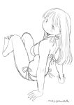  1girl arm_support artist_name bikini breasts closed_mouth commentary dot_mouth dot_nose forehead from_behind full_body halterneck large_breasts long_hair looking_at_viewer looking_back monochrome nagomurasan original side-tie_bikini_bottom signature simple_background sitting sketch solo swept_bangs swimsuit thighs white_background 