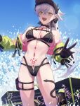  1girl bare_shoulders baseball_cap bikini black_bikini black_hands black_hat blue_sky blush body_markings breasts choker cleavage colored_extremities commentary crossed_bangs demon_girl demon_horns fate/grand_order fate_(series) green_eyes green_jacket grey_hair hair_between_eyes hat high_ponytail highres horns jacket lilith_(fate) lilith_(swimsuit_rider)_(first_ascension)_(fate) long_hair long_sleeves looking_at_viewer medium_breasts multicolored_jacket navel off_shoulder open_mouth pink_jacket ponytail sky smile solo stomach_tattoo surfboard surfing swimsuit tattoo tesin_(7aehyun) thigh_strap thighs two-tone_jacket zipper_bikini 