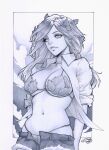  1girl batman_(series) bikini breasts cleavage closed_mouth commentary dc_comics english_commentary greyscale hair_ornament highres large_breasts leaf_bikini leaf_clothing leaf_hair_ornament long_hair looking_at_viewer marker_(medium) miki_okazaki monochrome navel poison_ivy scan shirt shorts sleeves_rolled_up solo swimsuit traditional_media 